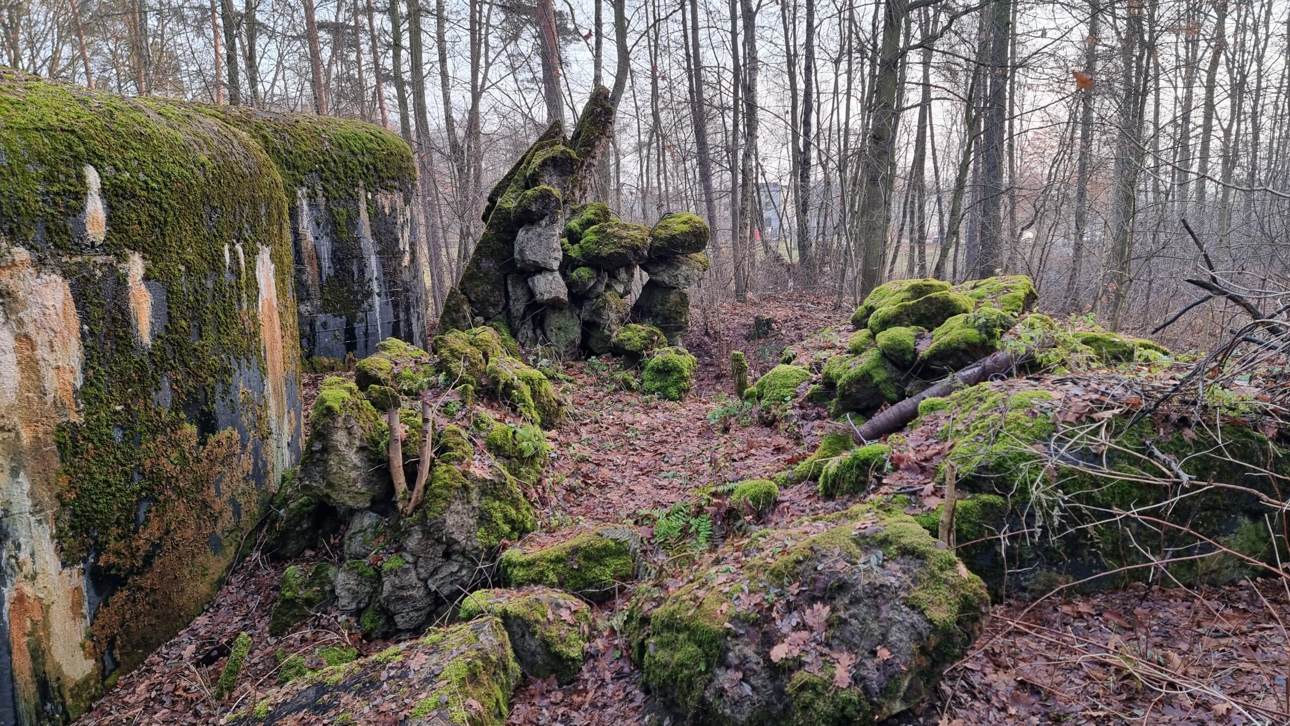 Zniszczona żelbetowa konstrukcja schronu nr 53